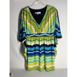 Trina Turk Butterfly Sleeve Cold Shoulder Retro Print Green Blue Mini Dress 6